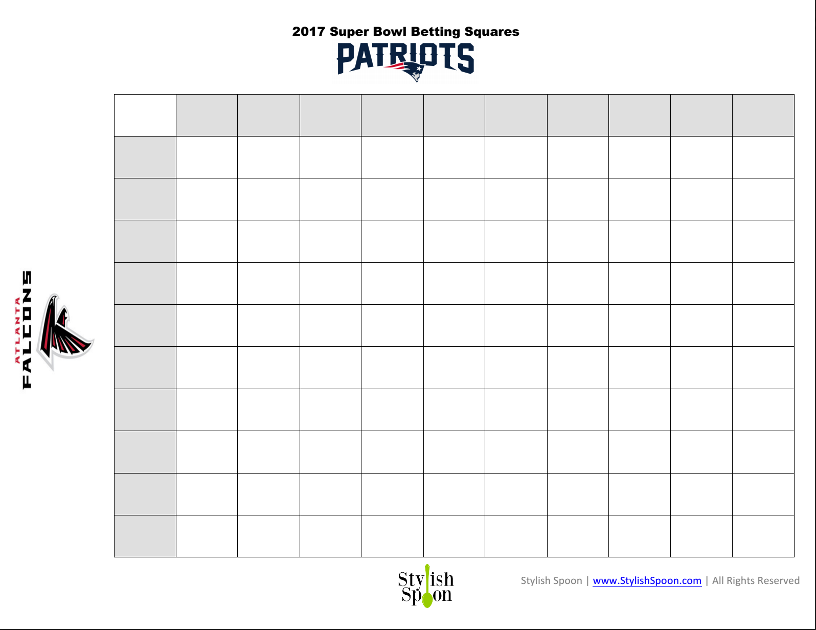 Free Printable 2017 Super Bowl Betting Squares - Stylish Spoon