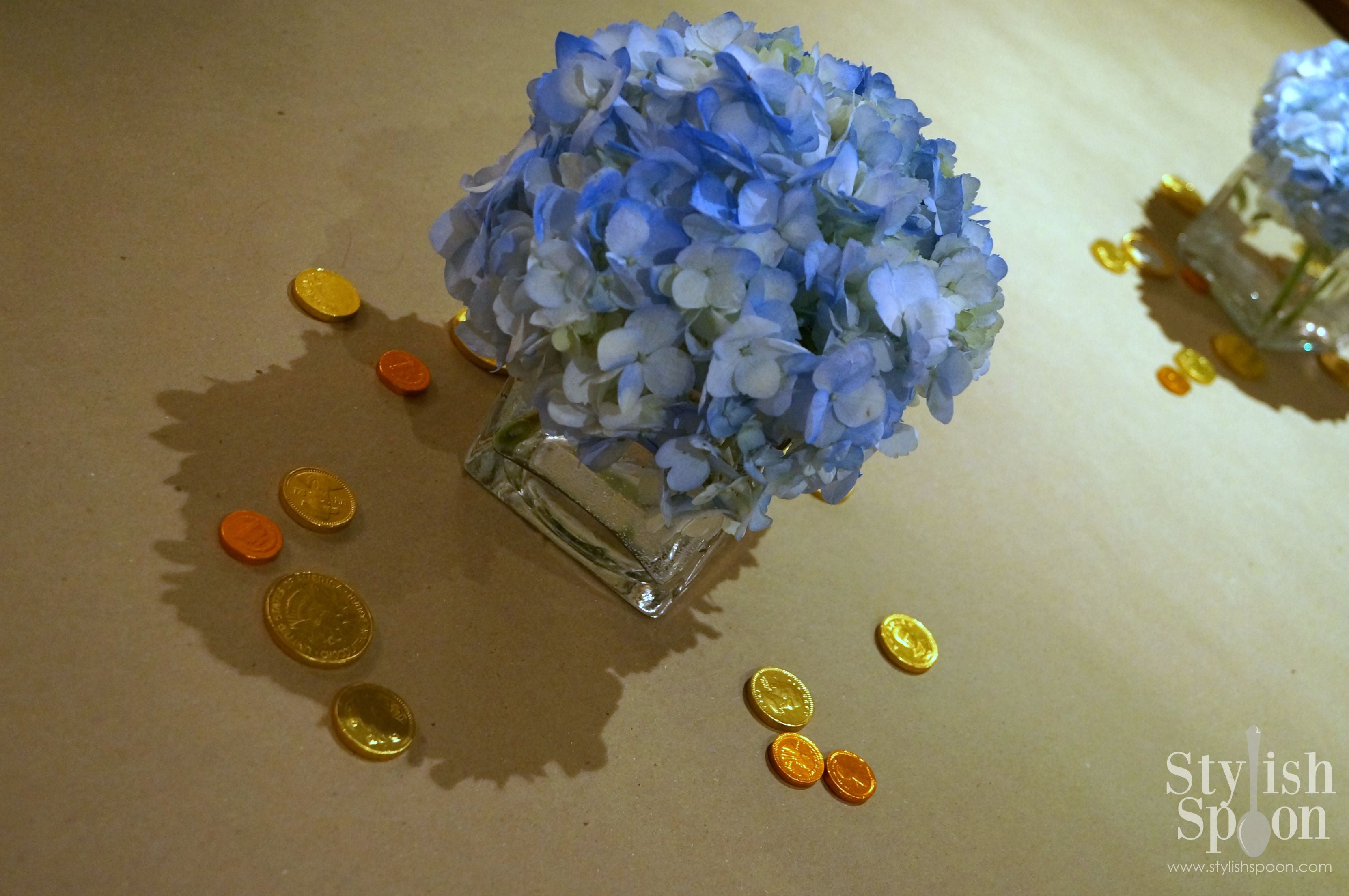 Hanukkah Centerpiece Blue Hydrangeas and Gelt