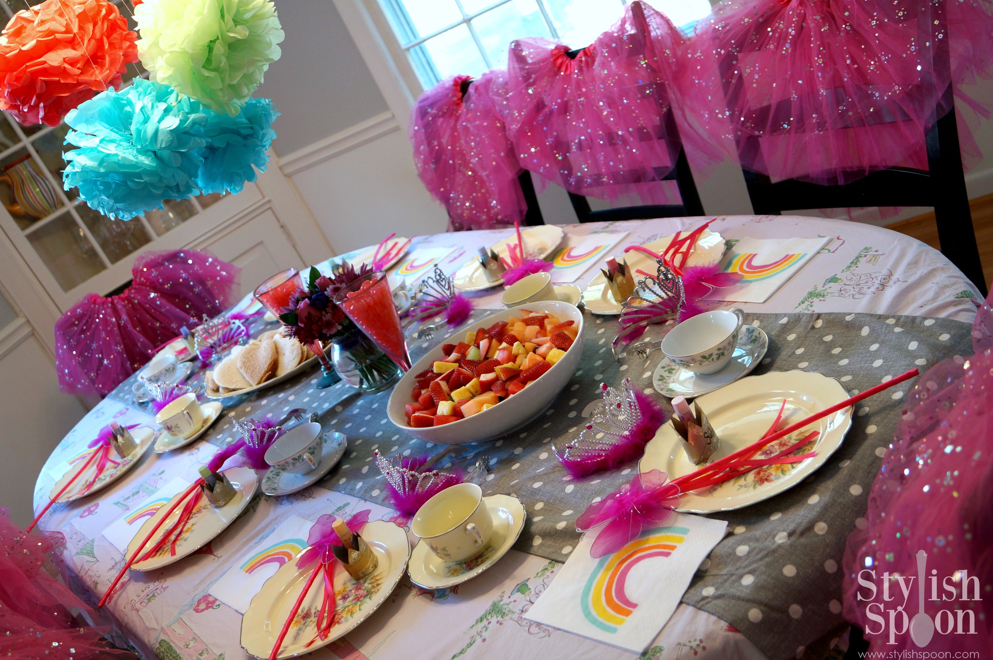 pink princess party table tutus tissue balls wands tea party
